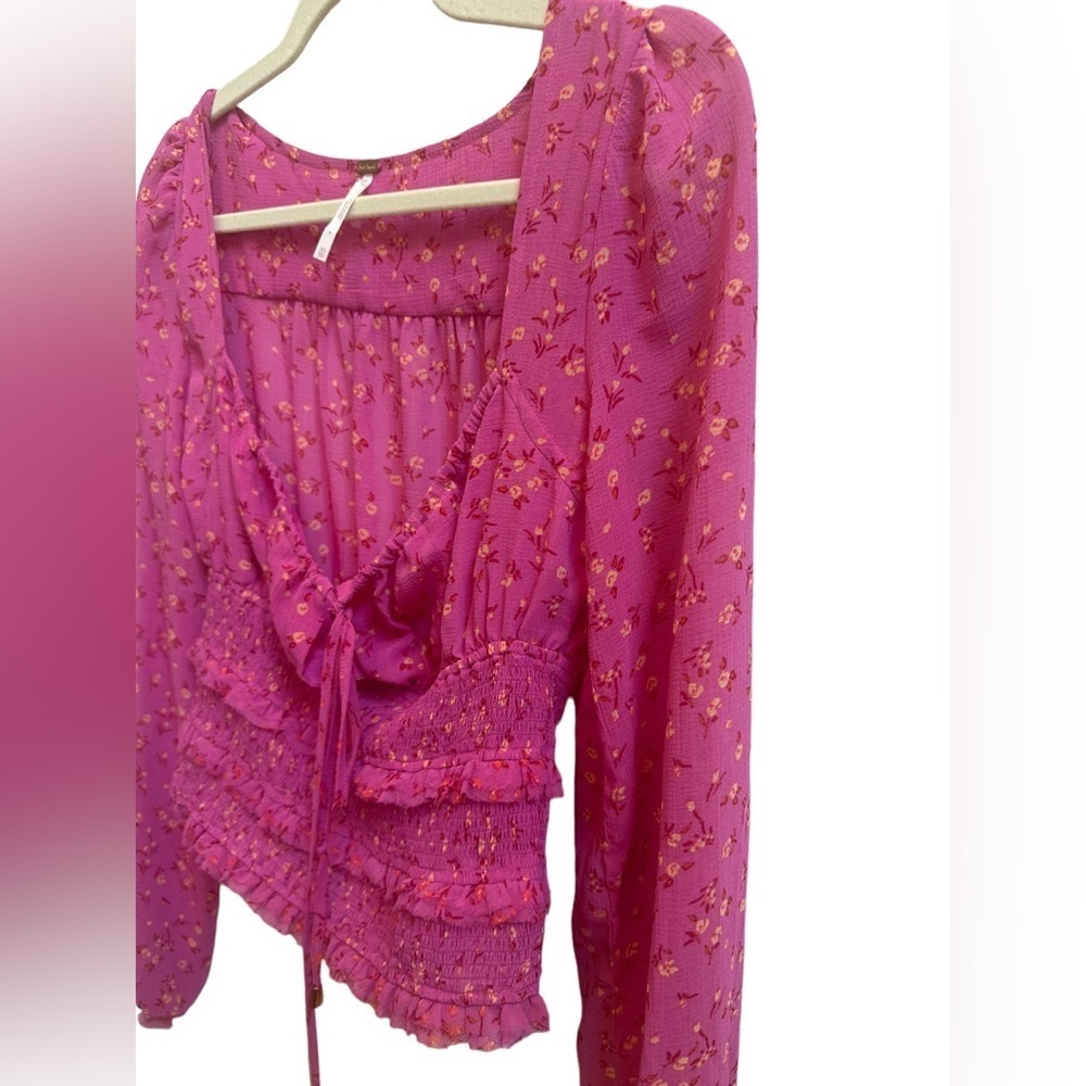Free People Lolita‎ Smocked Floral Peasant Top Pink Sz XS - Picture 7 of 9